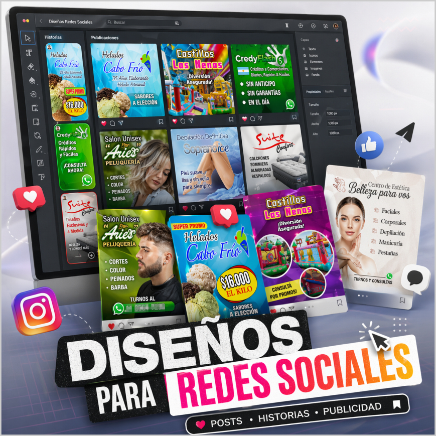 Diseños para redes sociales — posts, historias y publicidad